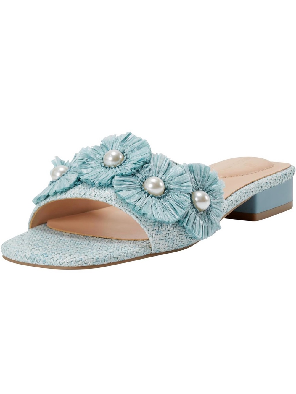 Bandolino Light Blue Raffia Slide Sandals with Pearl Flower Accents size 9
